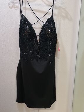 Black Sequin Embellished Mini Dress - Strappy V-Neck
